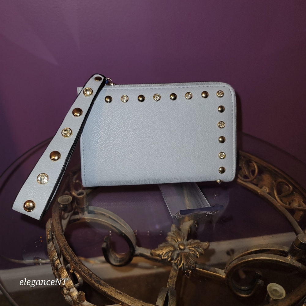 DS Bags Light Blue Studded wristlet wallet clutch with gem studded border NWT - Picture 11 of 11
